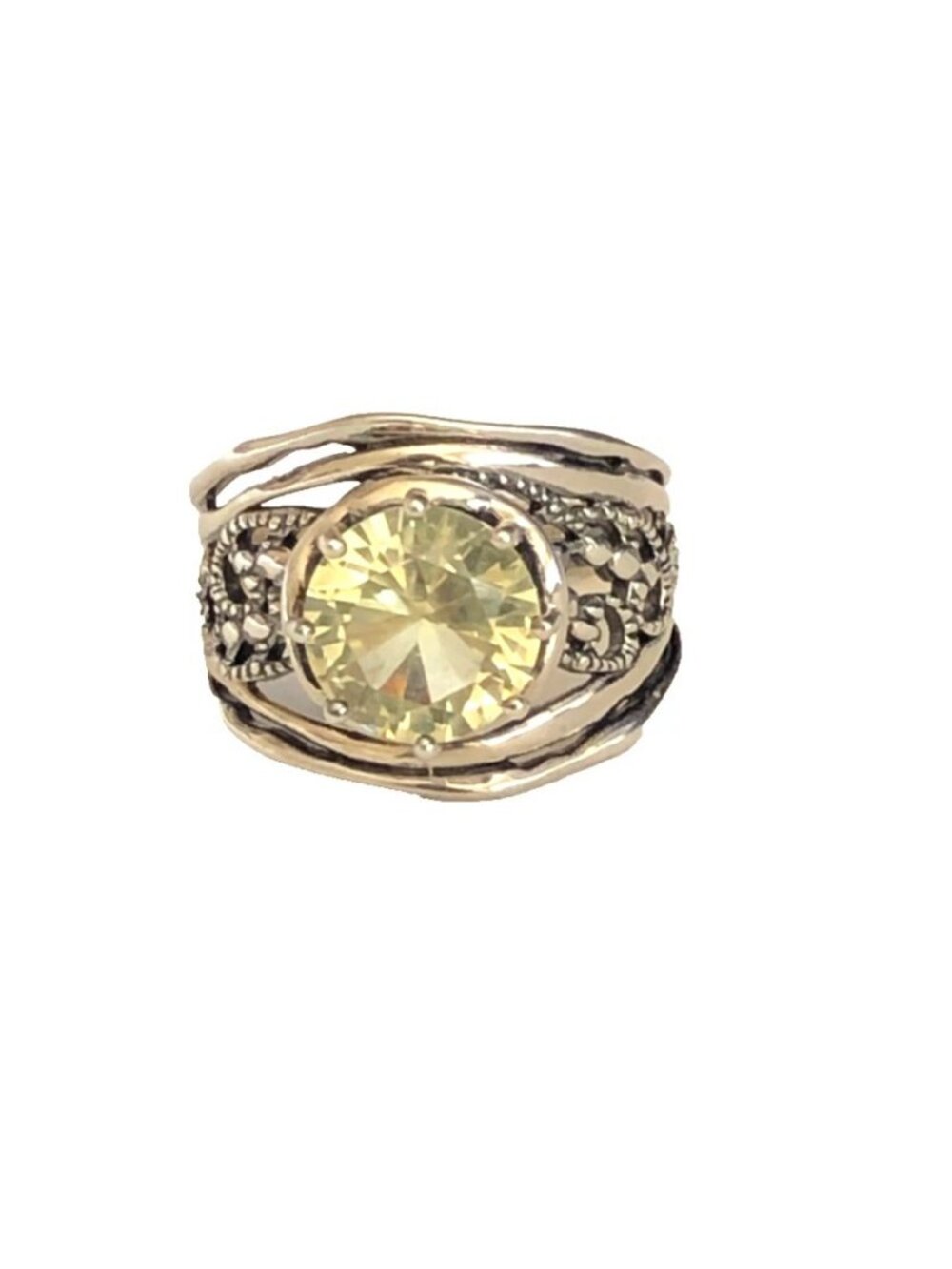 PZ Israel Scrolled Pebble Sides Lemon Quartz 925 Sterling Silver Ring Band Sz 9
